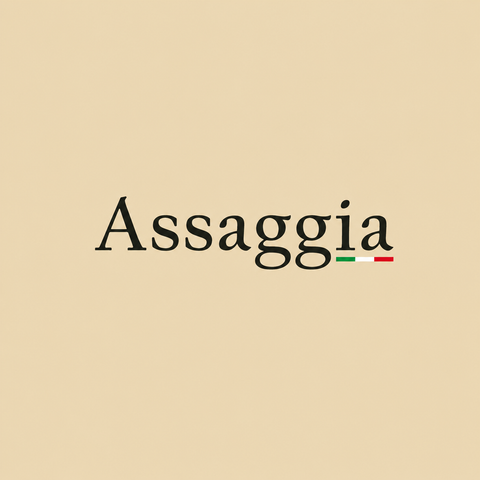 Brand name 'Assaggia' with Italian flag on a beige background