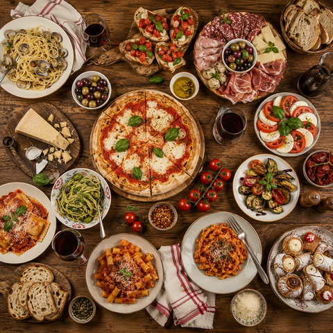 Overhead view of a rustic wooden table set with an Italian feast — pizza, pasta, bruschetta, caprese, cured meats, cheese and red wine.