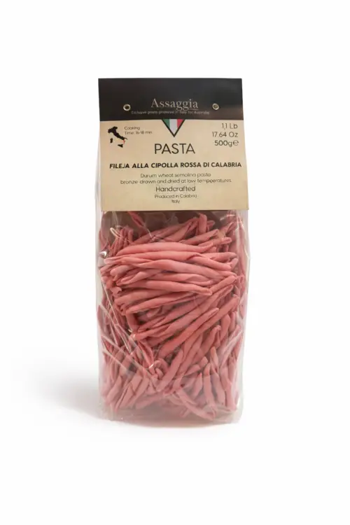 Red pasta in a clear package