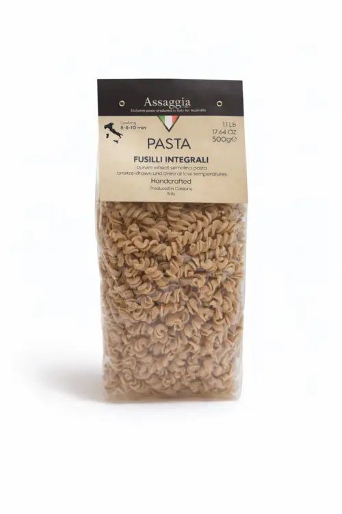Packaged whole wheat fusilli pasta