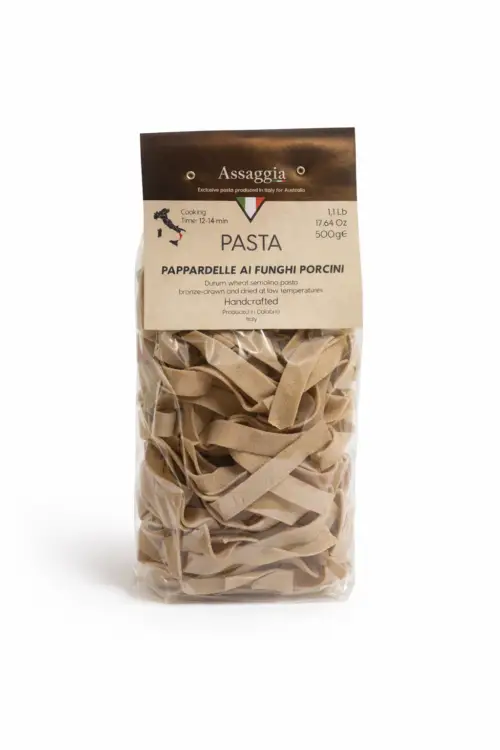 Packaged pappardelle pasta with mushrooms