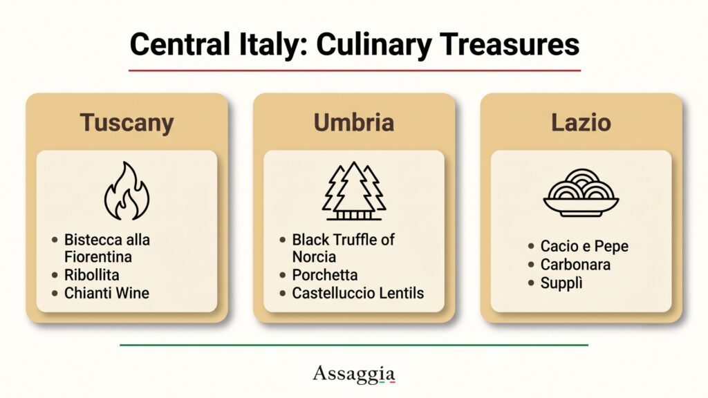 Central Italy: Culinary Treasures. Iconic dishes and regional ingredients from Tuscany, Umbria, and Lazio - Assaggia