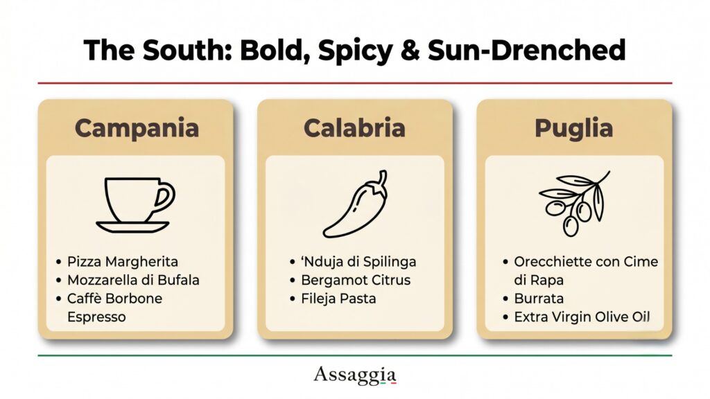 The South: Bold, Spicy & Sun-Drenched. Bold flavours and signature products from Campania, Calabria, and Puglia - Assaggia
