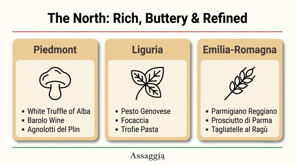 The North: Rich, Buttery & Refined. Traditional culinary specialties of Piedmont, Liguria, and Emilia-Romagna - Assaggia